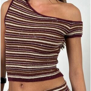 Motel Rocks Tamia Off Shoulder Top In Shimmer Stripe Knit Rust